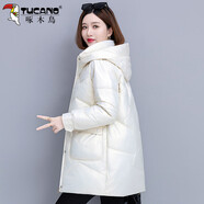 啄木鳥(niǎo)免洗亮面棉服女冬季2025年新款保暖連帽中長(cháng)款棉衣外套 米白 M (建議80-95斤)