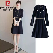 皮爾卡丹（pierre cardin）法式女小香風(fēng)針織連衣裙2025春秋新款氣質(zhì)收腰顯瘦中長(zhǎng)款毛衣裙子 藏藍(lán)色 S