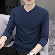 HXZH輕奢男裝 長袖t恤男v領春秋時尚休閑體恤純色百搭打底衫上衣潮流 寶藍色 5XL （190-210斤）