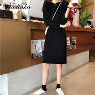 Radinka2025秋冬新款ins潮網紅針織連衣裙甜美中長款打底毛衣裙子女SYL 中長款黑色【100cm左右】 M 【95-105斤】