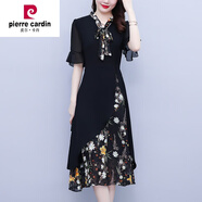 皮爾卡丹（pierre cardin）赫本風(fēng)不規(guī)則雪紡連衣裙女2024夏季新款媽I媽氣質(zhì)顯瘦裙子 黑色 5XL