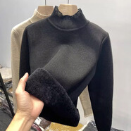 蜜莎蜜拉（Mirza Mirror）半高領(lǐng)加絨加厚毛衣女2024秋冬新款蕾絲邊一體絨針織衫洋氣打底衫 一體絨黑色 s