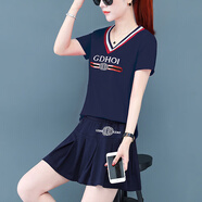 啄木鳥(niǎo)短袖休閑兩件套女士休閑棒球服夏季V領(lǐng)廣場(chǎng)女裝套裝運動(dòng)套裙 藍色 2XL(建議125-140斤)