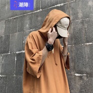 潮陣夏季連帽套頭短袖T恤男寬松半開襟紐扣薄衛(wèi)衣麻棉半袖t體恤帽衫潮 棕黃色WT105 XL