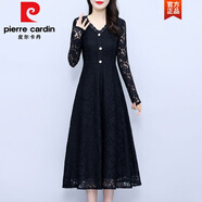 皮爾卡丹（pierre cardin）黑色蕾絲氣質長裙女士2025春秋冬新款媽i媽長袖打底連衣裙顯瘦裙 黑色 3XL 建議130-140斤
