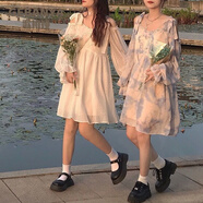 歌班婭超仙連衣裙女夏季日系學(xué)生寬松軟妹少女薄款長(cháng)袖閨蜜吊帶裙子純欲 白色 S