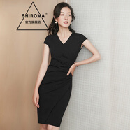 SHIROMA女裝酒紅色包臀連衣裙中長款一步裙夏裝夏季新款修身顯瘦深v領(lǐng)職 黑色短袖 XL