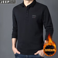 吉普（JEEP）長(zhǎng)袖T恤男春秋季新款商務(wù)休閑寬松翻領(lǐng)純色棉質(zhì)男裝上衣打底衫 黑色 加絨 XL(建議146-160斤)
