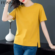 FEISIMI輕奢品牌短袖t恤女衣服女裝休閑夏季新款2025夏裝服飾寬松上衣 黃凈色 2XL