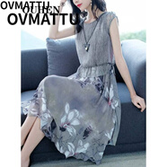 OVMATTU輕奢潮牌女裝 拼接印花雪紡連衣裙女2022夏季新款過膝無袖時尚氣質(zhì)假兩件裙子 灰色 XL