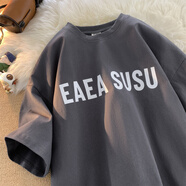 型于格純棉短袖t恤男士2025夏季潮牌美式復古印花上衣寬松大碼半袖男裝 DX00深灰色 4XL 建議(180-195斤)