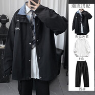 魯雅爾假兩件外套男套裝春秋季復古休閑寬松衣服男青少年韓版三件套夾克 黑色外套+白色長(cháng)袖t恤+黑色褲子 XL 【建議120-140斤】