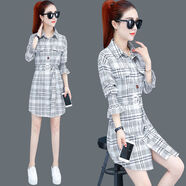春夏年新款韓版修身顯瘦收腰格子襯衫女中長(cháng)款襯衣連衣 白色 帶腰帶 3XL 145-160斤