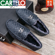 卡帝樂鱷魚（CARTELO）2025新品春夏男鞋潮鞋懶人豆豆鞋男英倫保暖鞋子真皮男士簡約休閑 藍(lán)色(6814款)加絨  41 標(biāo)準(zhǔn)皮鞋碼