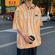 望了型 條紋五分袖T恤衫男生日系潮流文藝小青年寬松半截袖體恤汗衫高中學生中袖五分袖t血?；?橙色H83 2XL