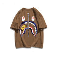 蘇愚夏重磅200克純棉短袖T恤女ins嘻哈鯊魚(yú)印花情侶寬松個(gè)性上衣男女 B512咖啡 XL