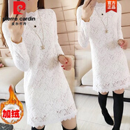 皮爾卡丹（pierre cardin）大版女裝女裝蕾絲連衣裙2025春秋冬長(cháng)袖中長(cháng)款打底衫胖m遮肚顯瘦 白色(加絨) L 建議90-105斤