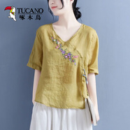 啄木鳥(niǎo)夏季復古文藝薄款橄欖木扣繡花短袖棉麻上衣女民族風(fēng)v領(lǐng)純棉T恤女 黃色 3XL 150-165
