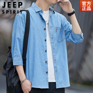 JEEP SPIRIT夏季100%純棉冰絲七分袖牛仔衣寬松襯衫男港風(fēng)薄款中袖外套潮 淺藍色牛仔7分袖 純棉冰絲 M 建議95-115斤