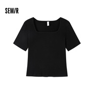 森馬（Semir）【夏日T恤合輯】短袖T恤女中長款滿印夏印花落肩上衣寬松顯瘦涼感 H款短款緊身-黑色90001 155/80A/S