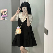 悸囈兩件套裝學(xué)院風(fēng)女童小香風(fēng)設(shè)計(jì)感小眾黑色背帶連衣裙女學(xué)生裙夏季 黑色木耳背帶裙 150建議身高135-145cm