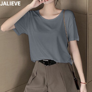 嘉麗薇t恤女夏季新款外穿冰絲打底寬松百搭簡(jiǎn)約休閑韓版莫代爾短袖上衣 鐵灰色【圓領(lǐng)】 S