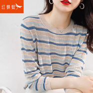 紅蜻蜓長袖T恤女2025新款洋氣鏤空上衣優(yōu)雅通勤小衫拼接彩條紋針織衫 藍色條紋 均碼 【適合80-145斤】