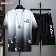 威覺(jué)冰絲短袖t恤男夏季休閑套裝男士速干青年家居服運動(dòng)短褲兩件套 【套裝】潑墨白+短褲 L 【100-115斤】