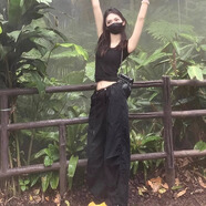 西兒美式工裝褲女春秋季新款休閑闊腿運(yùn)動夏薄款降落傘褲子抽繩速干褲 黑色常規(guī)款S[80-110]