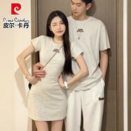 皮爾卡丹（pierre cardin）情侶裝夏裝一衣一裙子法式吊帶連衣短裙小眾設計感短袖T恤男套裝 淺灰色女裙 M