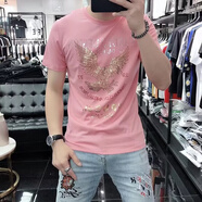 南極人（Nanjiren）夏季男士短袖T恤韓版修身老鷹亮片燙鉆歐貨潮牌體恤男半袖 D115粉色 4XL （建議165-180斤）