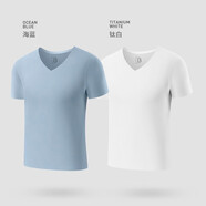 必行（bisual）男士純棉短袖t恤運動(dòng)打底衫男無(wú)痕內衣V領(lǐng)緊身背心透氣吸汗衫男 短袖（海藍+白色） 2XL （適合140-160斤）