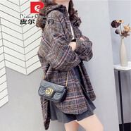 皮爾卡丹（pierre cardin）品牌歐貨女裝磨毛格子襯衫女23秋冬中長款寬松加厚毛呢上衣外套 粉色 S