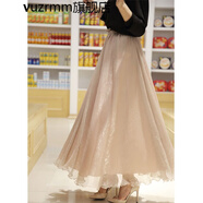 vuzrmm香港潮牌春秋新品顯瘦夏季金絲雪紡半身裙拖地長(cháng)裙仙女8米大擺裙沙灘度假 金裸色 XS 裙長(cháng)80cm
