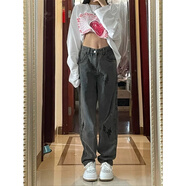 索宛亦（SUOWANYI）煙灰色牛仔褲女BF風(fēng)直筒寬松顯瘦美式復古甜酷拖地褲子高街ins潮 煙灰色量 XL