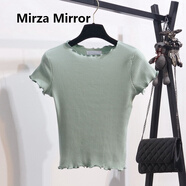 Mirza Mirror冰絲短袖t恤女夏季韓版木耳邊彈力休閑百搭大碼針織打底衫上衣 淺綠色 均碼