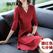 BUTAO連衣裙新款女春秋裝V領(lǐng)女士中長修身顯瘦正式場合氣質(zhì)裙 酒紅色【7分袖】 S