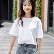 在禮寬松短款露肚臍白色t恤女短袖高腰ins超火上衣漏肚臍百搭體恤 白色 L