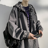 牧唯假兩件鋒沖上衣外套男女春秋冬季潮牌休閑寬松大碼工裝加棉厚夾克 J6818深灰色常規(guī) XL [建議125-140斤]