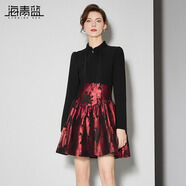 海青藍(lán)赫本風(fēng)黑色提花連衣裙女2024春秋新款小個(gè)子收腰顯瘦a字裙假兩件 紅色 S