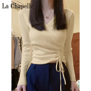 拉夏貝爾（La Chapelle）v領(lǐng)針織衫女長(cháng)袖上衣2024春秋白色內搭打底衫設計感短款毛衣 純100自動(dòng)發(fā)熱杏色 純100自動(dòng)發(fā)熱均碼 建議80-145斤
