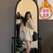 宇嚴(yán)加絨加厚針織衫女秋冬韓版修身2023加絨加厚麻花圓領(lǐng)套頭毛衣女中 杏色加絨加厚 S
