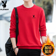 花花公子圓領(lǐng)衛衣男士裝春秋冬季款加絨長(cháng)袖t恤寬松休閑打底衫外套上衣服 紅色加絨 M