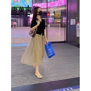 唐菓蜜連衣裙女夏季2024年新款女裝韓版時尚氣質收腰顯瘦港風復古裙子夏 卡其色裙 M