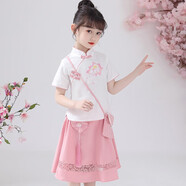 馬櫻紅雨 兒童漢服裙子女童民國(guó)風(fēng)夏裝改良中國(guó)風(fēng)小女孩日常兩件套裝洋氣旗袍裙 白上衣+粉裙【+小包包】 150碼/適合身高130~140厘米
