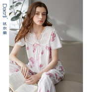 達爾麗睡衣女夏季新款純棉短袖九分褲薄款蕾絲邊花卉高級感梭織棉家居服 T8221201-049-粉紫 M