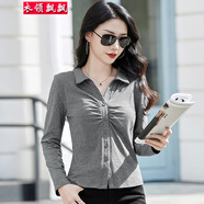 衣領(lǐng)飄飄時尚洋氣衣服女裝t恤長袖翻領(lǐng)春秋紐扣褶皺上衣女生休閑開衫體恤 深灰色 XL