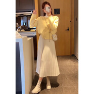 莉紗芙特2024新款雙排扣凈版休閑長(zhǎng)袖針織女毛衣外套連衣裙兩裝 黃色三件套 S（建議：85-98斤）