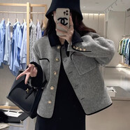 妍莉芬（yanlifen）2025外套春秋款女裝小香風(fēng)雙面呢子大衣女短款小個(gè)子毛呢外套上衣 深灰色金屬扣 S
