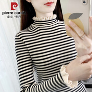 皮爾卡丹半高領毛衣女打底衫秋冬2025年新款荷葉邊內搭上衣修身條紋針織衫 米杏色 L